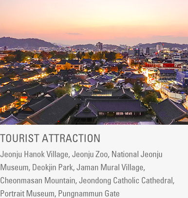 Tourist Attraction : Jeonju Hanok Village, Jeonju Zoo, National Jeonju Museum, Deokjin Park, Jaman Mural Village, Cheonmasan Mountain, Jeondong Catholic Cathedral, Portrait Museum, Pungnammun Gate
